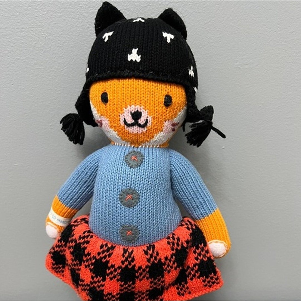 Cuddle + Kind Saide‎ the Fox 12" Hand Knit Doll Plush Black Hat Plaid Skirt Toy